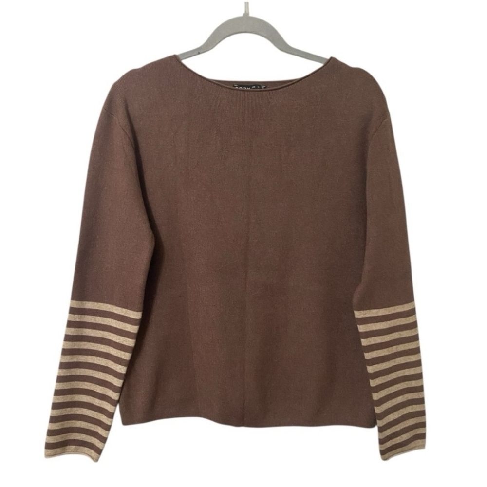 C.O.Z.Y Brown Beige Boat Neckline with Striped Sleeves Sweater Top